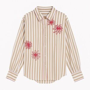 Tanya Taylor davina embroidered stripe floral button down shirt beige pink